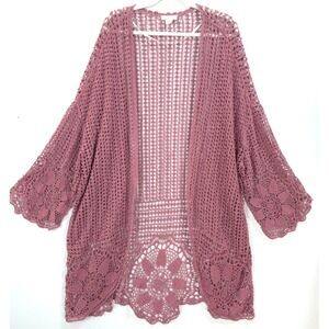 Festi Dusty Rose Crochet Open Cardigan Floral Lace 1X 2X Boho Cover Up Festival